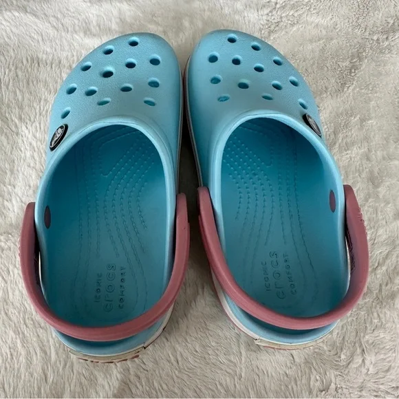 Crocs Kids Crocband Clog Ice Blue with Pink Stripe Slip-On Sandals Size C 11 - Picture 4 of 9